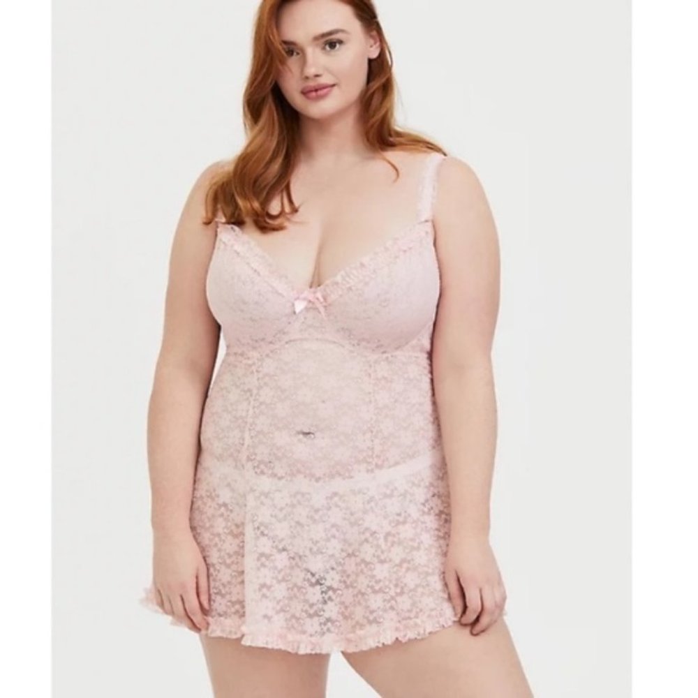 Torrid Pink Lace Ruffle Underwire Sheer Babydoll‎